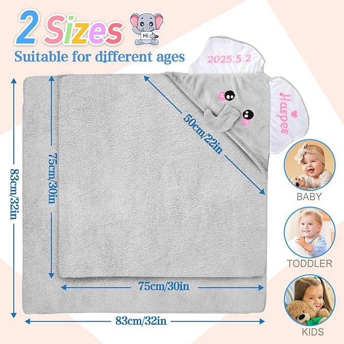 Baosity Custom Hooded Baby Towel with Name, Personalized Soft Absorbent Elephant Bath Towel, Shower Towels for Girls Boys, Easter Brithday for Kids Baby, Toddler, Newborn Essential