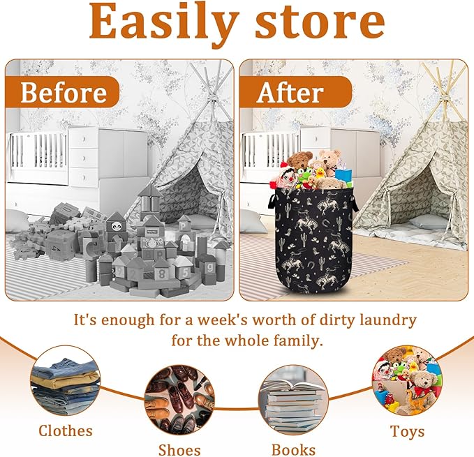 Western Cowboy Element Laundry Basket with Sturdy Handles, Collapsible Oxford Cloth Laundry Hamper Organizer Basket for Bathroom Bedroom 15.7x20 Inch