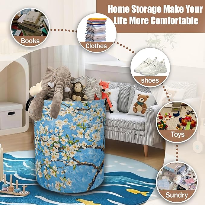 Laundry Hamper,Almond Blossom Collapsible Laundry Baskets Waterproof Oxford Cloth With Handles,Clothes Storage Bucket Toy Organizer For Bathroom/Nursery/Bedroom 16" x 20.8"