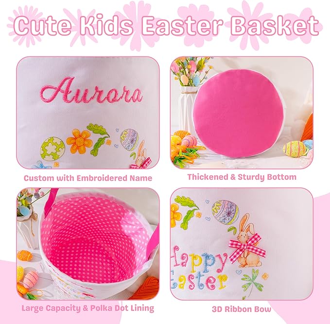 MT WORLD Toddler Easter Basket Personalized Easter Egg Bucket for Kids with Embroidered Name Pink Bunny Bucket Custom Candy Tote Bag for Baby Girls Candy Gifts Bucket