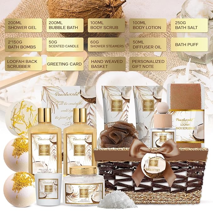 Valentine's Day Gifts Basket for Women, 15pcs Vanilla Coconut Bath Set with Shower Gel, Bubble Bath, Diffuser Oil, Scented Candle, Skin Care Kit Birthday Gift for Women