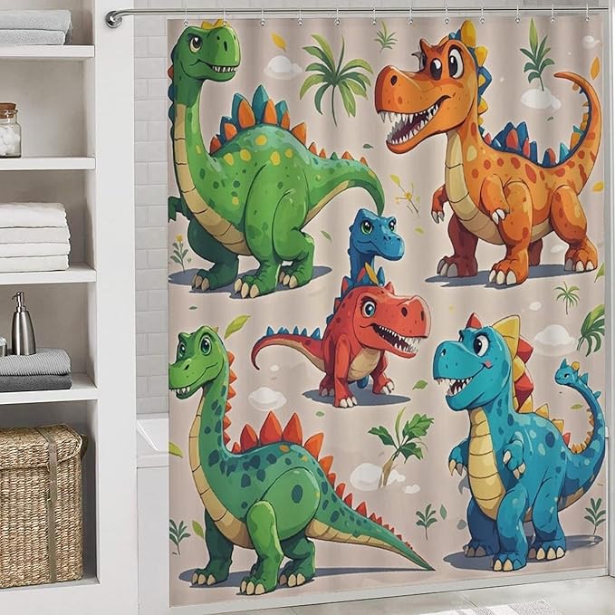 4 Piece Bathroom Rug Set with Shower Curtain, Non-Slip Bath Mat Toilet Cover Set, Cartoon Dinosaur Bathroom Rug Sets
