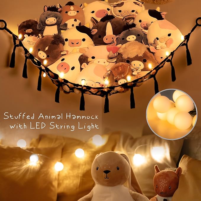 Stuffed Animal Net or Hammock with Light,Yewiwin Macrame Hanging Net Hammock for Stuffed Animal Toy Storage Organizer Boho Decor Room Holder for Nursery Play Room Bedroom (Black(55"*55"*72"))