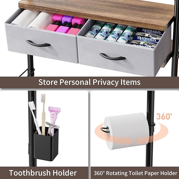 YIGII Over The Toilet Storage, 4-Tier Adjustable Bathroom Shelves Over Toilet with 2 Drawers, Above Toilet Storage Cabinet Bathroom Organizer Wooden Shelf, 25-114.2 Inch Heights