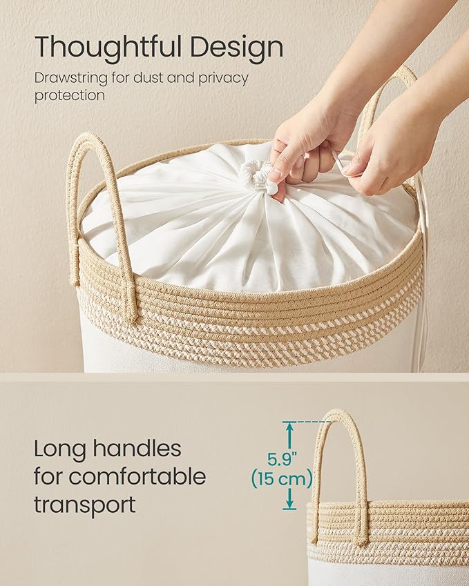 SONGMICS Laundry Hamper, Cotton Rope Laundry Basket with Handles, for Clothing, Living Room, Bedroom, 15.8 Gallons, 16.1 x 16.1 x 18.1 Inches, Cloud White and Camel Brown URLH060K01