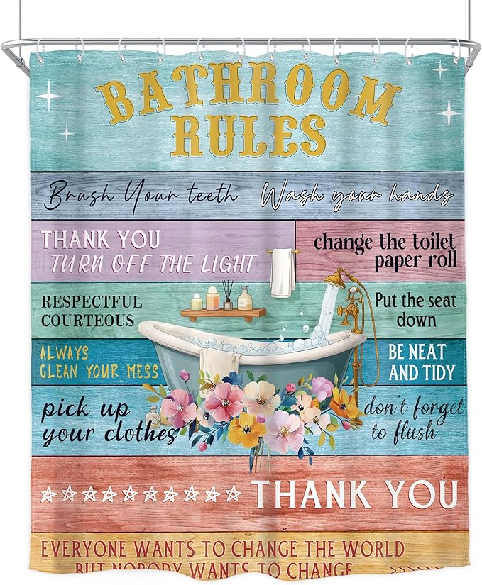 Homewelle Funny Bathroom Rules Shower Curtain Rustic Wooden Floral Farmhouse Inspirational Motivational Words Country Plank Cute 60Wx72H Inch Vintage Board Waterproof Polyester Fabric Bathroom Bathtub