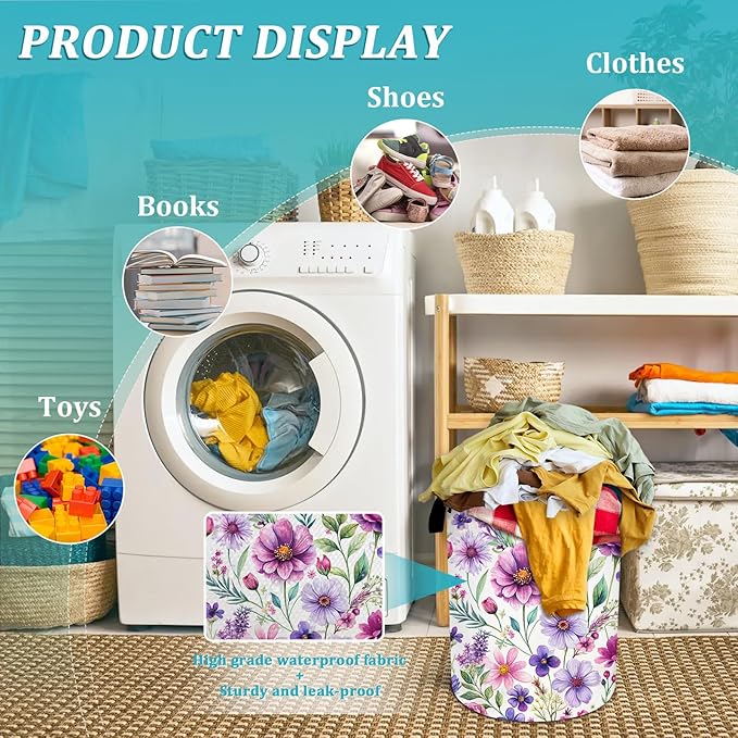 Purple Watercolor Floral Laundry Basket, Foldable Waterproof Oxford Cloth Laundry Hamper Funny Tote Bag Dirty Clothes Storage Bucket Toy Organizer for Bathroom/Laundry/Bedroom 15.7"x19.6"