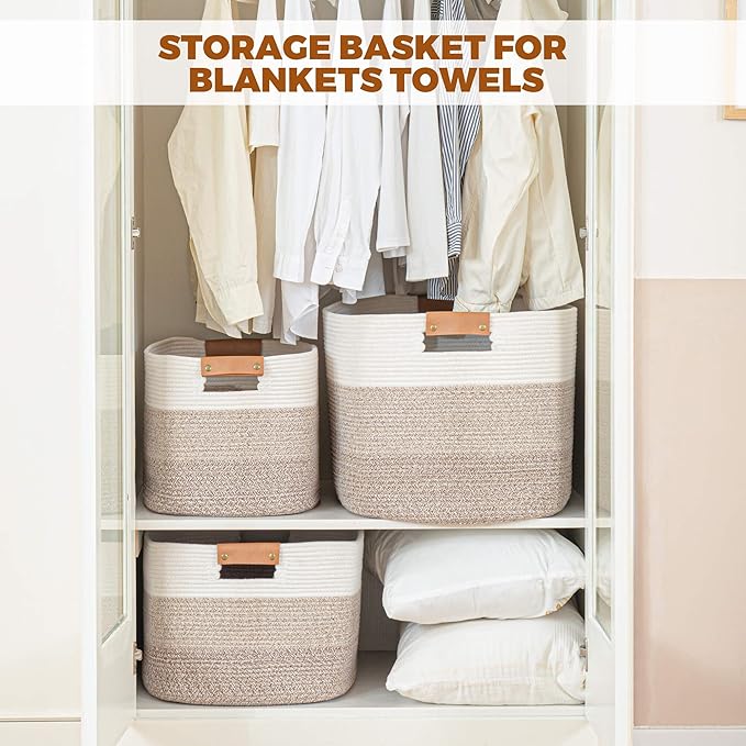 danpinera Large Woven Basket 72L+50L Rectangle Toy Storage Basket for Living Room, Nursery & Laundry, Large Cotton Rope Basket with Leather Handle, Gradient Gray&Brown