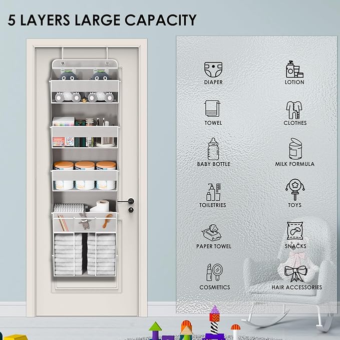 Over The Door Organizer, 5 Tiers Hanging Nursery Storage Closet Organizer with Movable Shelf, Large Capacity Caddy, 10 Side Pockets, Back of Door for Bedroom Bathroom Dorm Decor, Grey