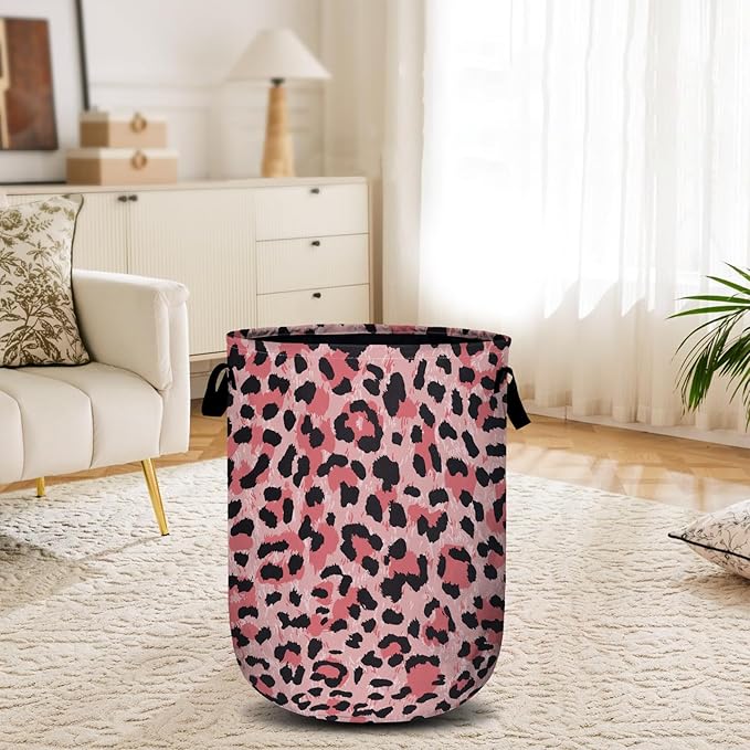 Pink Leopard Laundry Basket, Laundry Hamper Collapsible Oxford Cloth with Handle Clothes Toy Storage Bin for Bathroom Laundry Room Bedroom 15.7 X 20 Inch