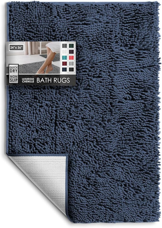 Hearth & Harbor Bathroom Rugs, Chenille Bath Mat - Machine Washable Bath Mats for Bathroom Non-Slip Backing Rubber, Quick Dry Bathroom Mat - Navy Blue 24x36