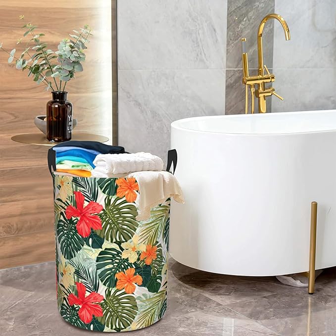Tropical Palm Leaves Large Storage Basket,Hibiscus Flowers Laundry Hamper/Bathroom/Home Decor/Collapsible Round Storage Bin,Boys Girls Dirty Clothes Hamper/Boxes/Toys Storage 16x20 Inch