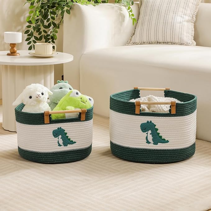 Cotton Rope Baskets for Kids Stuffed Animal Toys Storage for Nursery, Baby Baskets for Gifts Empty, Woven Basket with Wooden Handles Blanket Towel Toy 0rganizer Kids Blanket Storage Bins ( Dinosaur ）