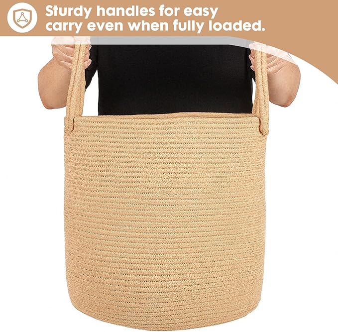 ShellKingdom Laundry Basket, Large Natural Rope Woven Storage Basket with Handles for Home, Living Room, Laundry, Storage Organizer for Blankets, Clothes, Plant, Toys, 19.7 x 14.96 INCH (Jute)