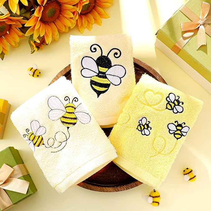 3 Pack Bee Towels 13.4 x 29.2 Inch Cotton Embroidered Summer Cute Bee Bathroom Towel Absorbent Dish Tea Towels for Kitchen Decor