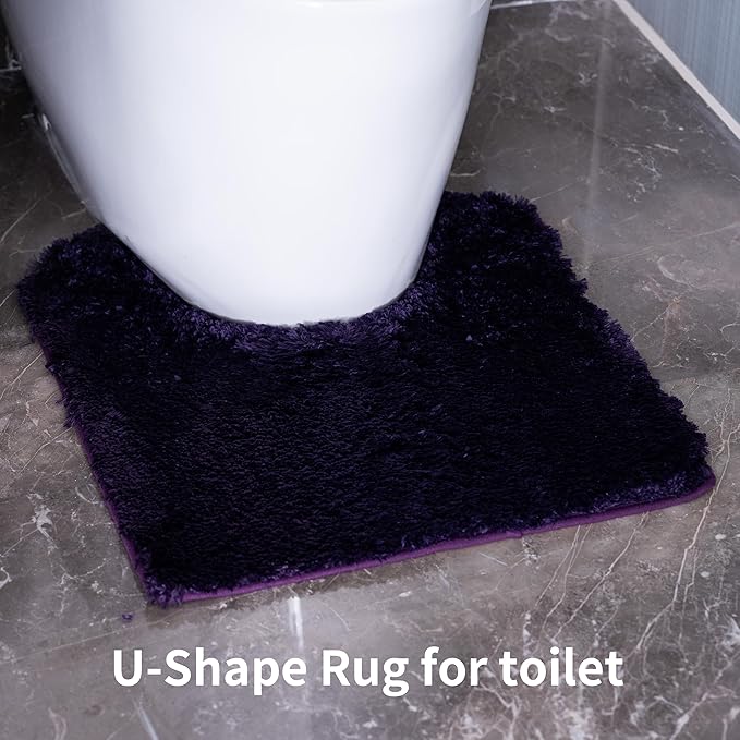 3 Pieces Luxury Bathroom Rug Set with U-Shaped Toilet Rug, Non-Slip Rubber Bottom, Thick Microfiber Fluffy Plush, Water Absorption, Quick Dry, Ultra Soft, Bath Mats for Bathroom, Tub(Purple)