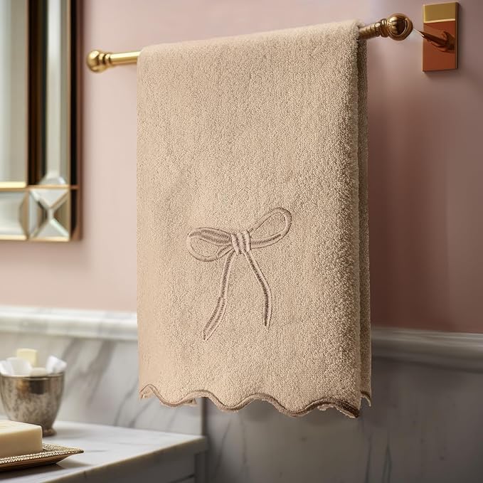 2 Pcs Brown Scalloped Hand Towels for Bathroom 26 x 13 Embroidery Coquette Bow Hand Towels 100% Cotton Soft Absorbent Boho Bath Decor for Kitchen Bathroom