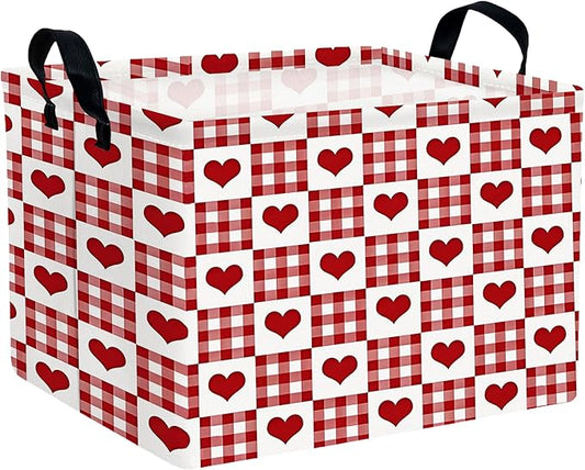Large Valentine's Day Basket Heart Shaped Storage Bin for Gifts Collapsible Organizer Room Decor (Grid Love)