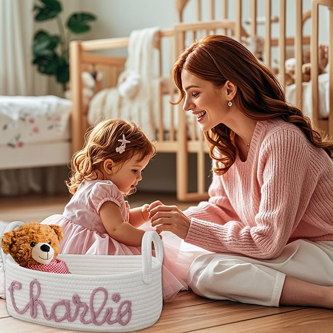 Personalized Baby Name Basket with Handles,Custom Diaper Caddy Cotton Rope Basket,Baby Stuff Organizer Storage Bin for Nursery Toy Room Bedroom Bathroom (S)