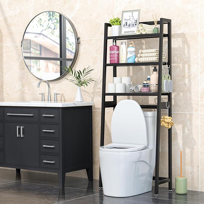 VASMIA Over The Toilet Storage,Bamboo 3-Tier Bathroom Organizer Over Toilet Storage Cabinet,Freestanding Space Saver with 3 Hooks Black