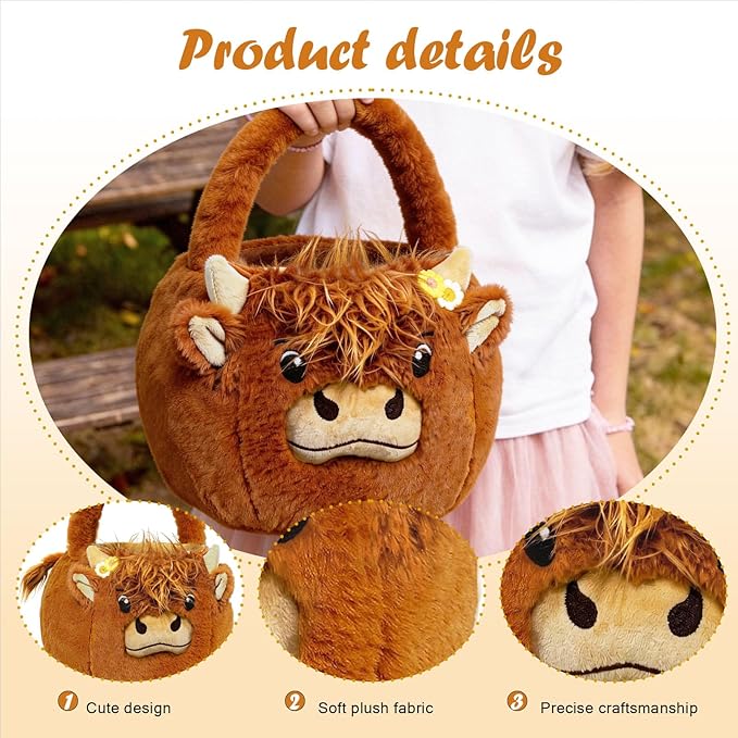 2026 Highland Cow Plush Baskets Easter Basket, Easter Egg Hunt Buckets, Easter Decorations Indoor Outdoor, Cute Easter Gifts for Kids, Adults, Teens, Toddlers, Girls