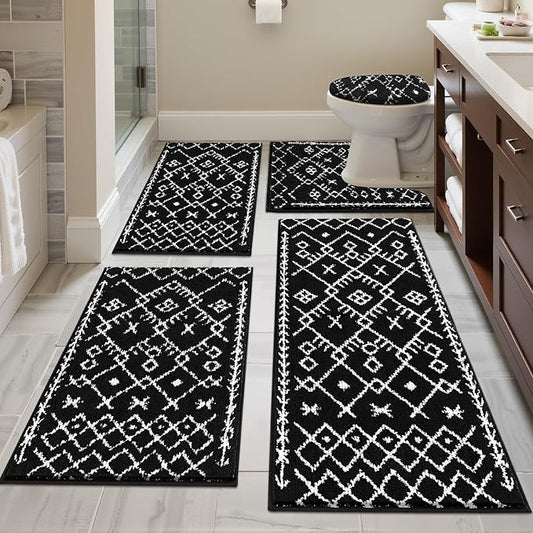 HEBE Bathroom Rugs Sets 5 Piece, Soft Absorbent Microfiber Bath Mat for Bathroom, Non Slip Washable Bath Rug Set with Toilet Cover, Bath Runner and U-Shaped Contour Toilet Rug, Black