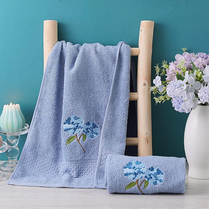 2 Pcs Hydrangea Hand Towels Blue Hydrangea Floral Bathroom Decor 14x29 Inch Embroidered 100% Cotton Soft Absorbent Spring Summer Decorative Flowers Hand Towels for Bathroom Kitchen