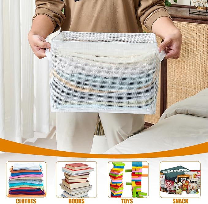 Clear Large Storage Baskets for Shelves, Collapsible Storage Bins with Handles for Clothes, Sheets, Books | Shelf Baskets for Home and Closet Organizer (Clear, 4 Pack)