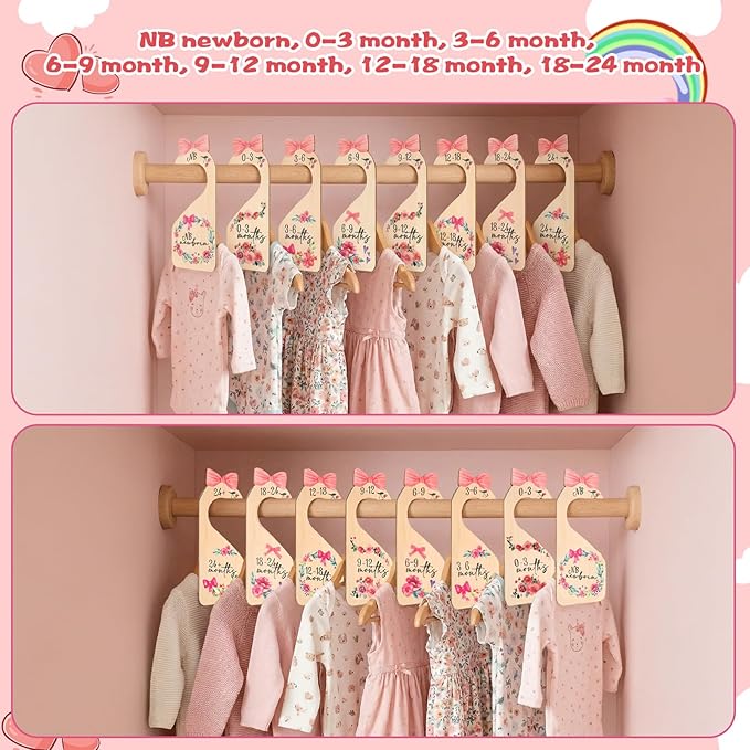 8Pcs Baby Closet Dividers Double Sided Baby Clothes Dividers Beautiful Wooden Nursery Clothes Size Hanger Organizer Minimalist Cute Design Decor Cloth Hanger Divider for Cloth Organizer
