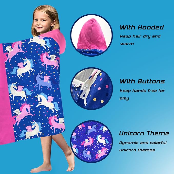 Hooded Towels for Kids -Toddler Beach Towel- Super Absorbent & Quick Dry 100% Cotton 30x50 Inch - to Kid Ages 3-10-Pink Unicorn Pattern Design