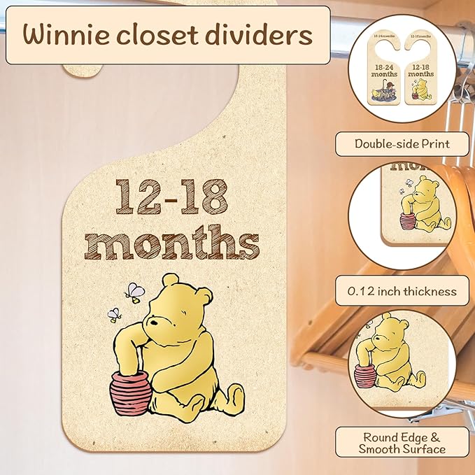 Winnie Nursery Decor Baby Closet Divider -8PCS Wooden Baby Closet Dividers for Baby Clothes Organizer,Baby Clothes Dividers for Closet,Daisy Design Nursery Decor Clothes Hanger Dividers