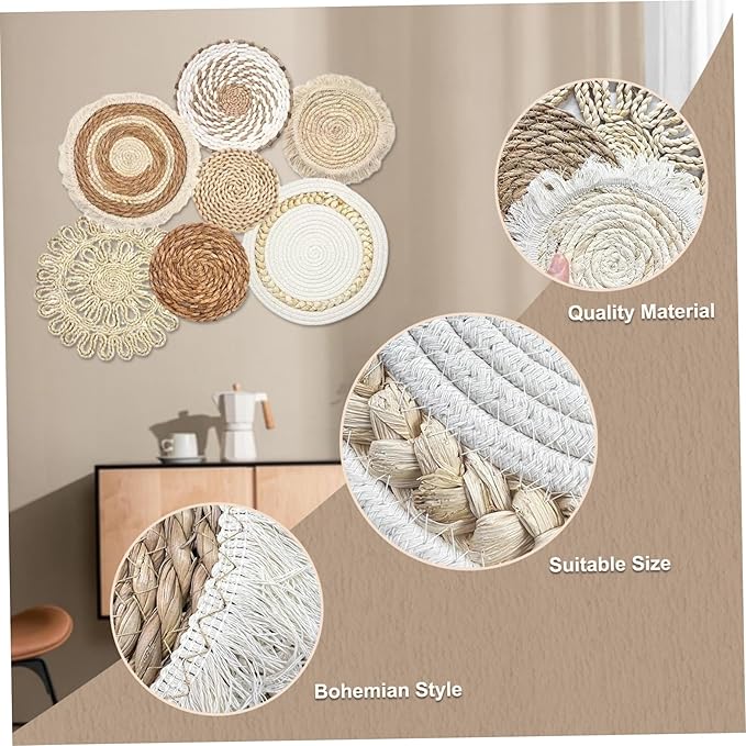 Boho Wall Baskets 7Pcs/Set Different Size & Style Boho Wall Basket Decor Straw Woven & Round Decorative Art for Living Room Bedroom Farmhouse Nursery Baskets, Basket Deco