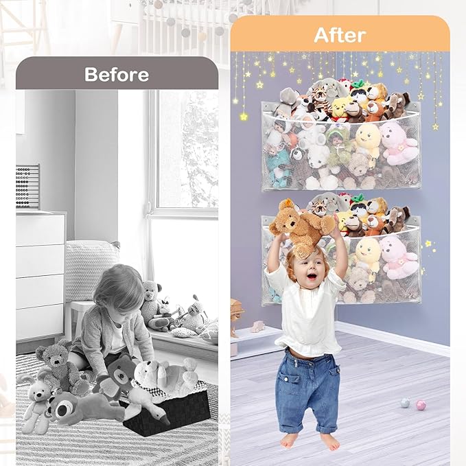 ANROYE 2PCS Large Corner Stuffed Animal Storage, Kids Plushies Toy Grey Wall Hammock for Girls Room, Baby Squishmallow Holder for Nursery, Organizer Idea for Bear Hanging Display Boy Gift