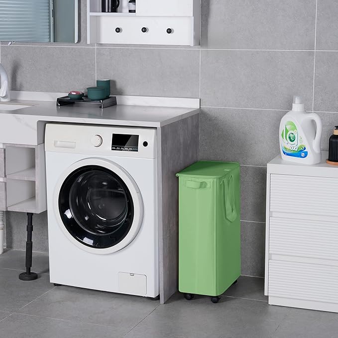Slim Laundry Hamper with Lid and Wheels, Small Rolling Laundry Basket with Handle for Small Spaces, Tall Dirty Clothes Hampers for Dorm, Bathroom and Bedroom, 55L, Soga Green