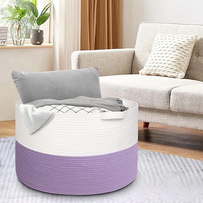 Large Purple Rope Storage Basket, 22x14 Inches Wicker Woven Baskets for Storage, Baby Laundry Hamper, Towel Blanket Toy Bin Organizer, Purple Living Room Decor, Big Basket for Gifts Empty
