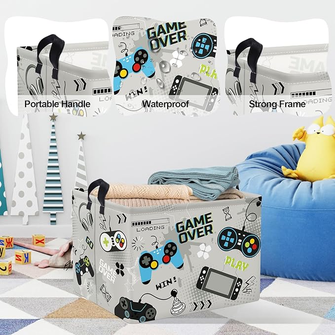 Clastyle Cool Game Storage Basket Kid Game Controller Clothes Laundry Hamper Collapsible Boy Toy Box for Nursery Palyroom,Gray,40 * 30 * 30 cm