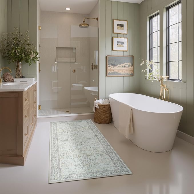GRANNY SAYS Boho Bathroom Runner 47"x 18" Non-Slip,Quick Dry & Washable Vintage Bath Rug,Distressed Farmhouse Plush Velvet Bath Mat for Sink Shower and Bathtub, Vintage Green