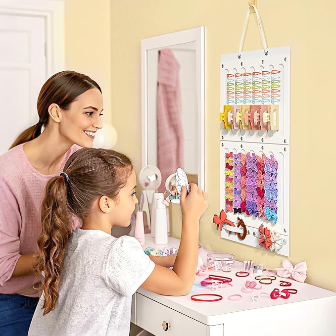 Bow Holder for Girls Hair Bows, Hair Accessories Organizer for Toddler Kids Baby Girl, Hanging Hairbow Storage Organizer Hanger Rack for Hair Stuff, Nursery Room Decor for Wall Door, Beige