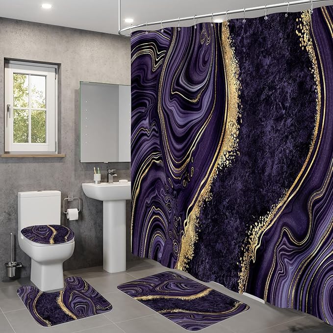 4PCS Purple Gold Marble Bathroom Sets with Shower Curtain and Rugs, Abstract Luxury Shower Curtain Sets with Rugs, Modern Bathroom Curtains Shower Set with Toilet Lid Cover