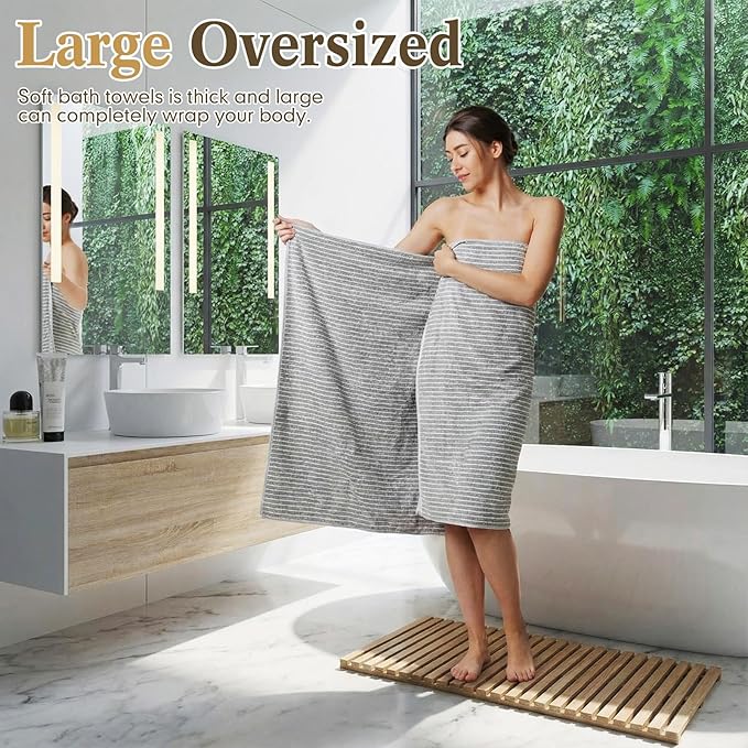 4 Pieces Extra Large Grey Striped Bath Towels Set 35 x 70 in Coral Fleece Oversized Bathroom Pool Towel Highly Absorbent Soft Quick Dry Shower Bath Sheets for Hotel Spa Pool