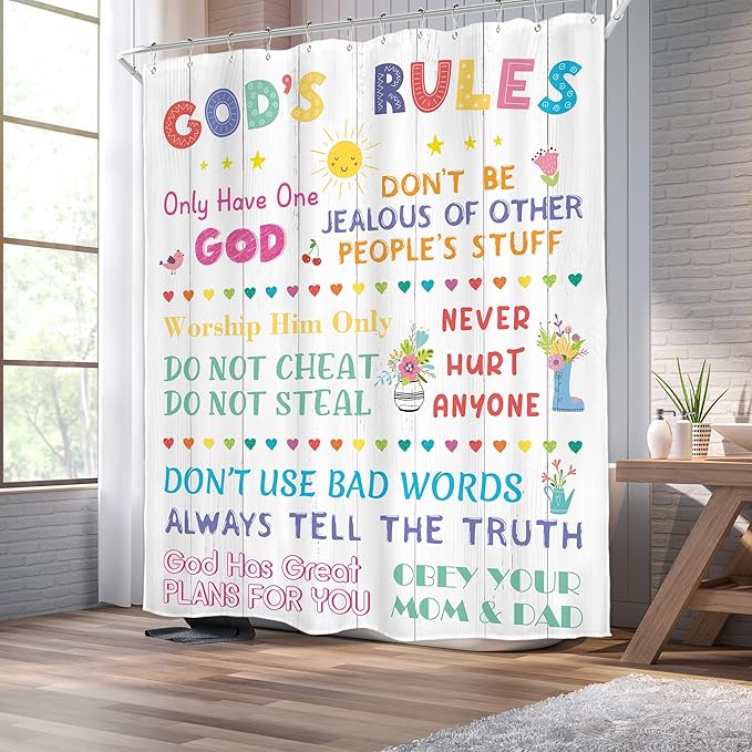 Homewelle Colorful Quotes Kids Shower Curtain Christian Bible Verse Abstract Cartoon Cute Wooden Plank Modern Simple 60Wx72H Inch for Boys Girls Children Waterproof Polyester Fabric Bathroom Bathtub