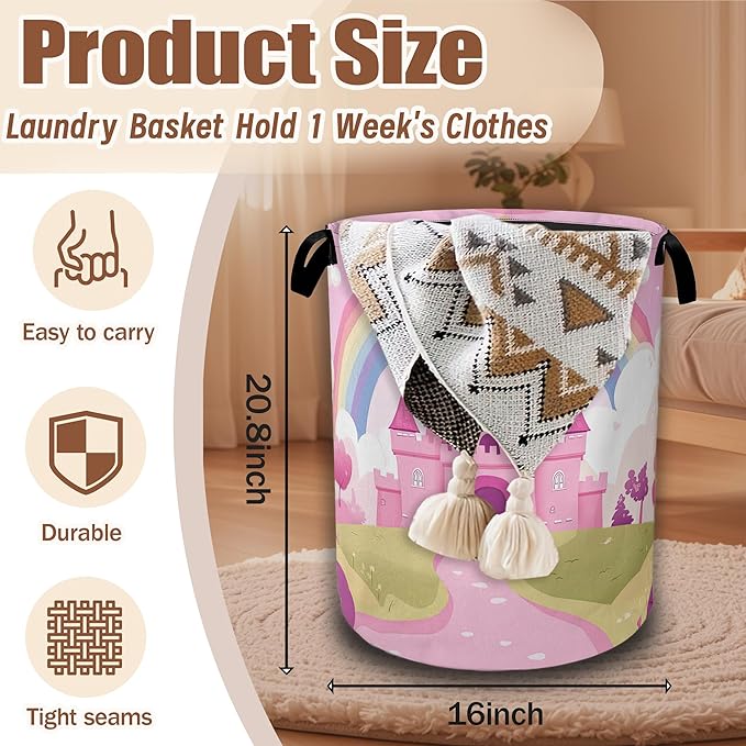 Pink Castle Laundry Basket,Rainbow Princess Laundry Hamper Waterproof Oxford Cloth Tote Collapsible,Clothes Storage Bucket Decorative Toy Organizer For Bathroom Bedroom 16" x 20.8"