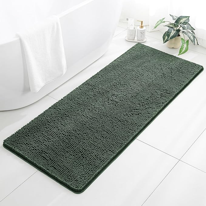 Hunter Green Bathroom Rugs 24"x60" - Long Plush Chenille Non-Slip Runner Bath Mat - Absorbent, Washable, Soft Decor for Shower, Sink, Tub, Floor, Home Accessories