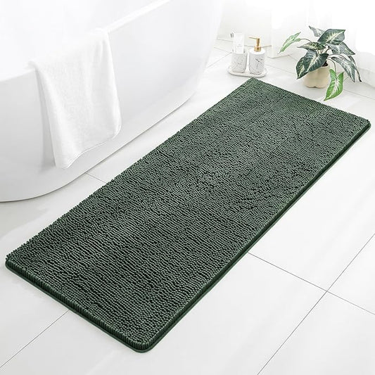 Hunter Green Bathroom Rugs 24"x60" - Long Plush Chenille Non-Slip Runner Bath Mat - Absorbent, Washable, Soft Decor for Shower, Sink, Tub, Floor, Home Accessories