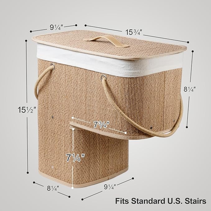 Stair Basket with Lid & Handle – Staircase Storage Basket for Wooden & Carpeted Stairs, Foldable Step Baskets for Stairs, Bamboo Storage Bin Organizer for Stair, shoes & Books (Soft Wheat)
