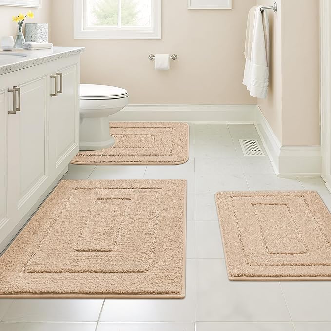 GRANNY SAYS Bathroom Rugs Sets 3 Piece, Soft Absorbent Microfiber Bath Mats for Bathroom Non Slip Washable, U-Shaped Toilet Bath Rugs for Tub Shower (Beige, 16" x 24" + 20" x 32" + U Shaped 20" x 24")