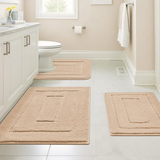GRANNY SAYS Bathroom Rugs Sets 3 Piece, Soft Absorbent Microfiber Bath Mats for Bathroom Non Slip Washable, U-Shaped Toilet Bath Rugs for Tub Shower (Beige, 16" x 24" + 20" x 32" + U Shaped 20" x 24")