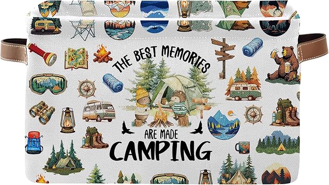 Camping Rectangle Storage Basket - Camping Themed Collapsible Storage Baskets with Handles - Camp out in the Wild Storages Bin for Kids Clothes, Gifts, Books, Toys