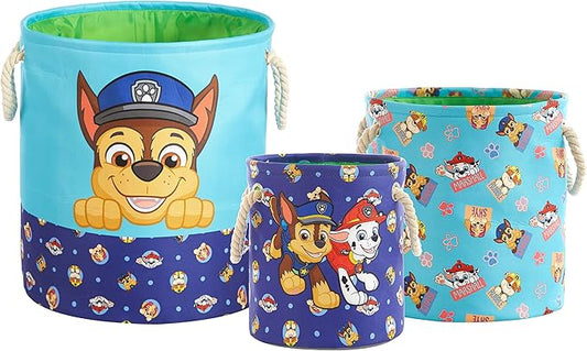 Paw Patrol 3 Piece Multi Size Fabric Nestable Toy Storage Basket Set, with Rope Carry Handles