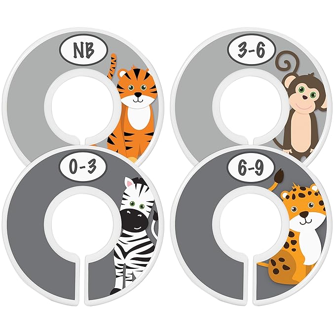 Safari Nursery Closet Size Dividers - 7X for Baby Clothes - Elephant Giraffe Zebra Lion Monkey Decor - for Boy or Girl - [Safari] [Grey/Gray]